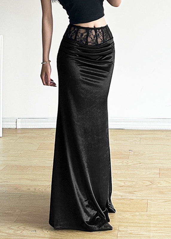 Bohemian Black Silm Fit Silk Velvet Wraped Skirt Spring YP052