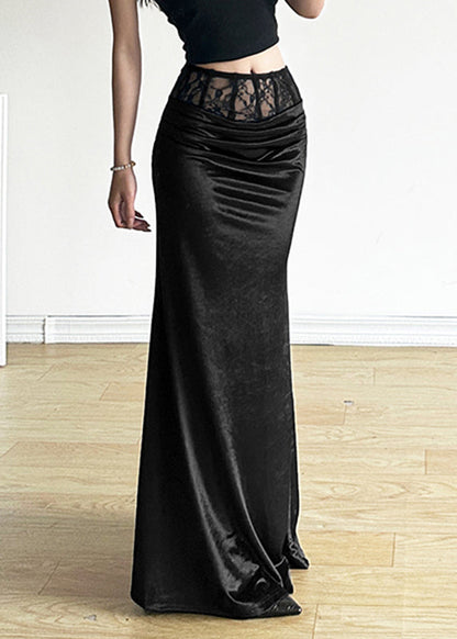 Bohemian Black Silm Fit Silk Velvet Wraped Skirt Spring YP052
