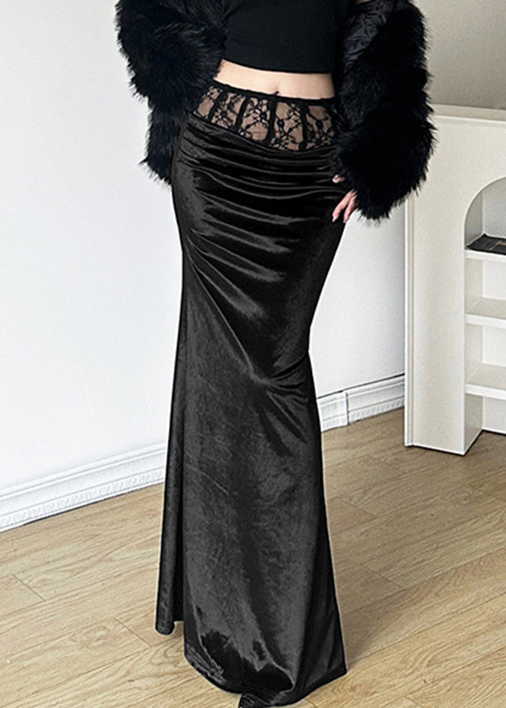 Bohemian Black Silm Fit Silk Velvet Wraped Skirt Spring YP052