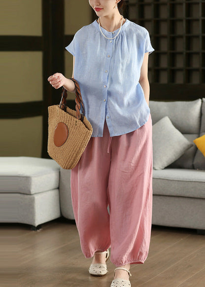 Linen Blouse Tops Oversized Bohemian Summer Blue