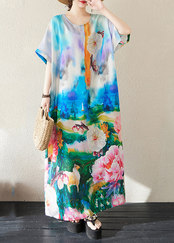 Bohemian Summer Dresses Cotton Oversized Blue Tie Dye Maxi