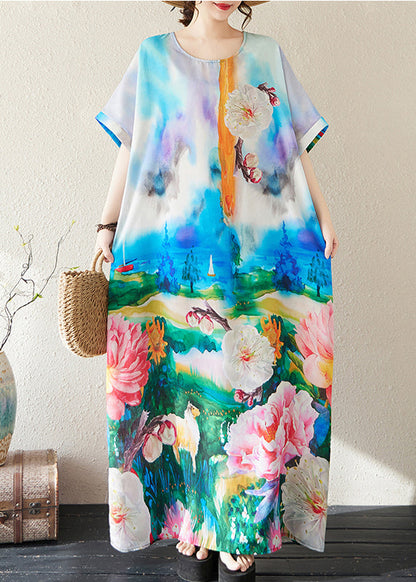 Bohemian Summer Dresses Cotton Oversized Blue Tie Dye Maxi
