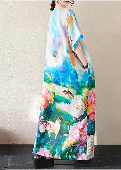 Bohemian Summer Dresses Cotton Oversized Blue Tie Dye Maxi