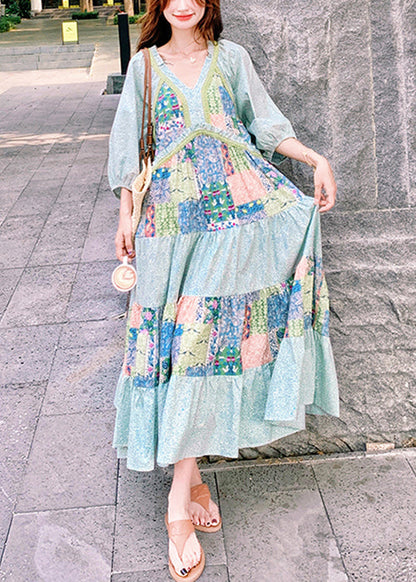Bohemian Dresses Patchwork Print Half Blue Side Cotton Open Maxi
