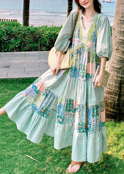 Bohemian Dresses Patchwork Print Half Blue Side Cotton Open Maxi