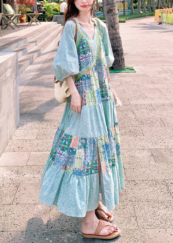 Bohemian Dresses Patchwork Print Half Blue Side Cotton Open Maxi