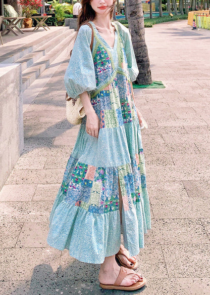 Bohemian Dresses Patchwork Print Half Blue Side Cotton Open Maxi