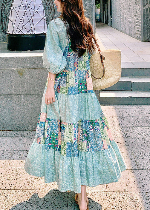 Bohemian Dresses Patchwork Print Half Blue Side Cotton Open Maxi