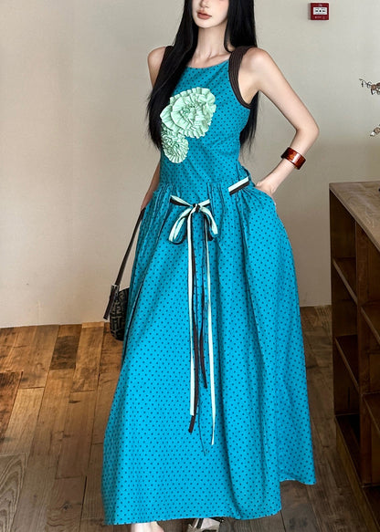 Tie Cotton Decorated Dress Sleeveless Blue Waist Flower Bohemian