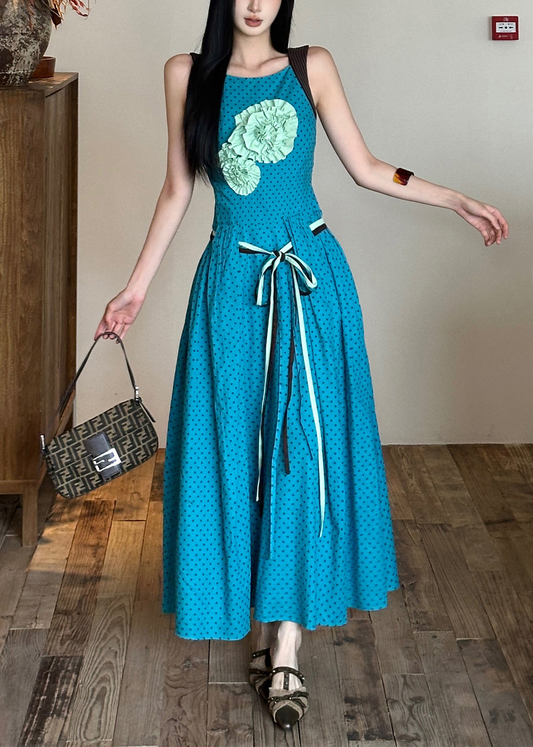 Tie Cotton Decorated Dress Sleeveless Blue Waist Flower Bohemian