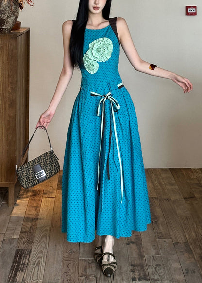 Tie Cotton Decorated Dress Sleeveless Blue Waist Flower Bohemian