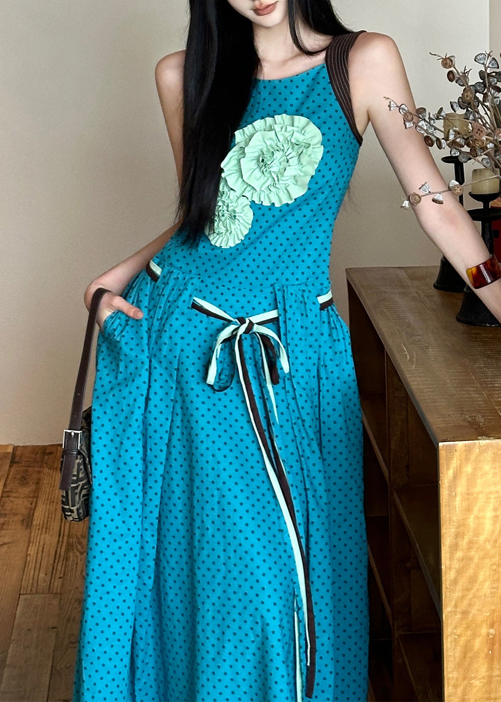 Tie Cotton Decorated Dress Sleeveless Blue Waist Flower Bohemian
