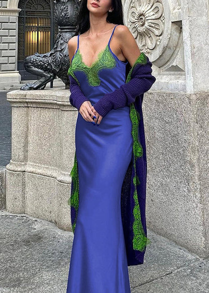 V Lace Patchwork Dress Bohemian Neck Spaghetti Strap Blue