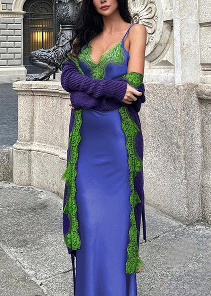 V Lace Patchwork Dress Bohemian Neck Spaghetti Strap Blue