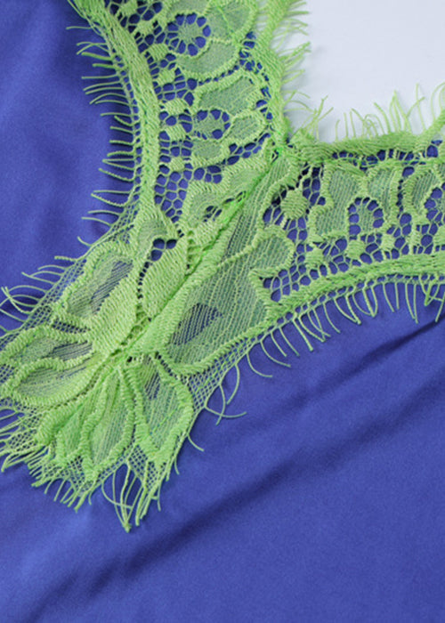 V Lace Patchwork Dress Bohemian Neck Spaghetti Strap Blue