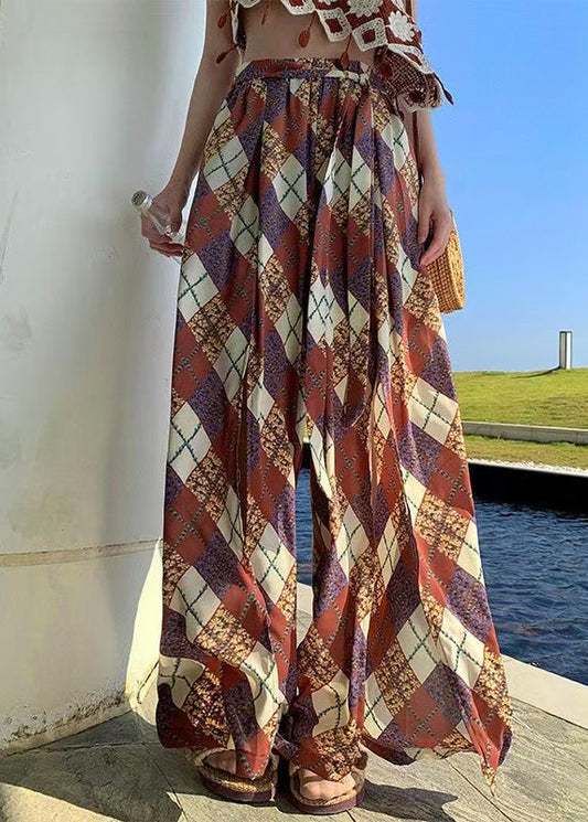 Open Chiffon Pants Wide Print Brown Summer Bohemian Side Leg