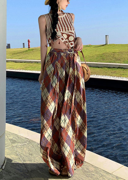Open Chiffon Pants Wide Print Brown Summer Bohemian Side Leg