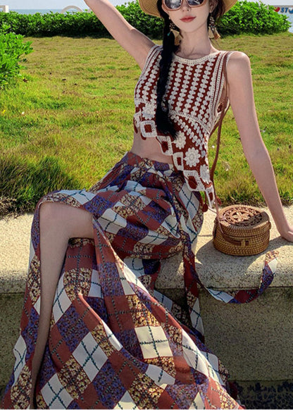 Open Chiffon Pants Wide Print Brown Summer Bohemian Side Leg