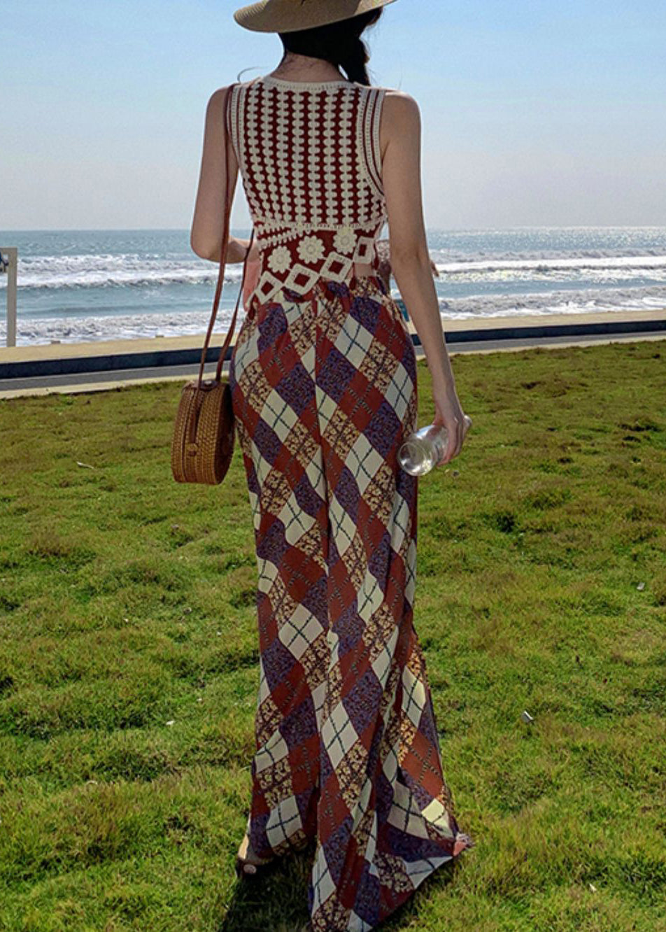 Open Chiffon Pants Wide Print Brown Summer Bohemian Side Leg