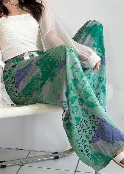 Straight Bohemian Waist Print Pants Elastic Cotton Summer