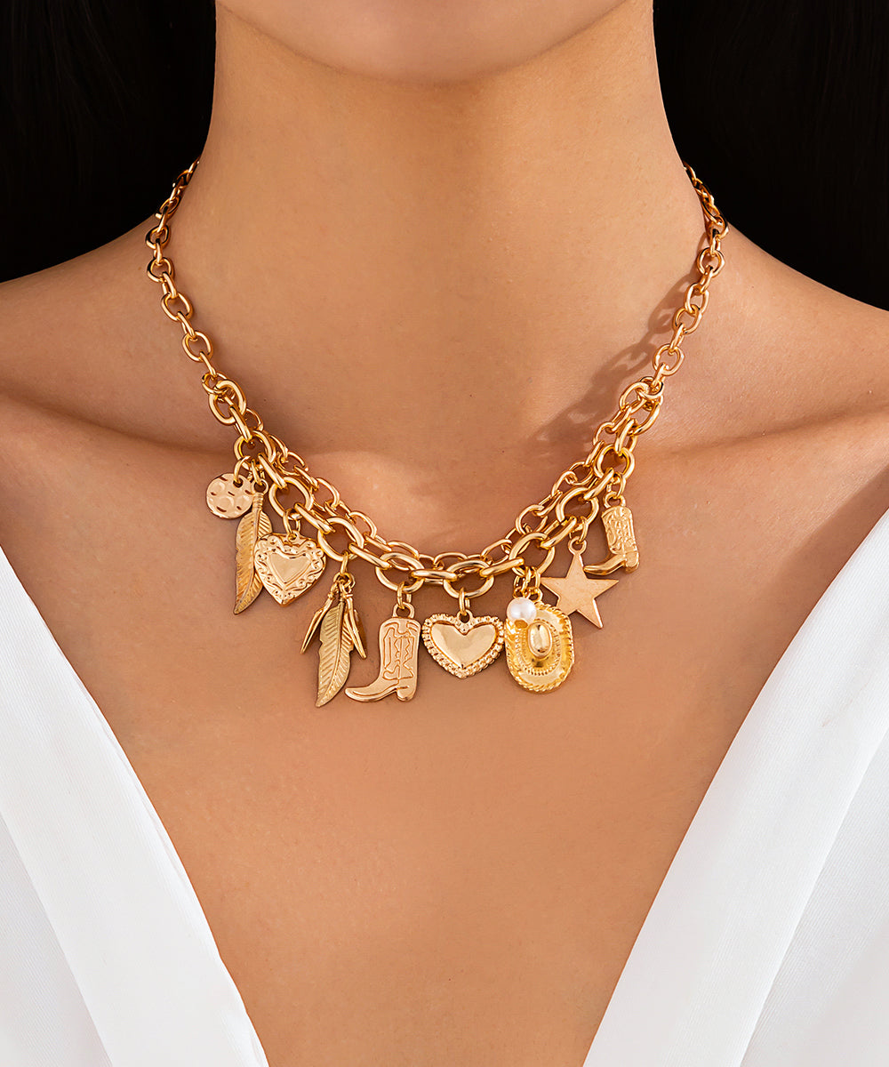 Necklace Gold Alloy Asymmetrical Bohemian Pendant Pearl Metal