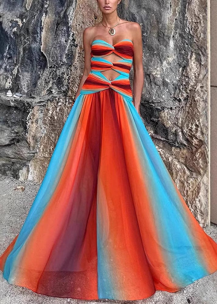 Hem Bohemian Large Exra Color Gradient Strapless Dress Chiffon