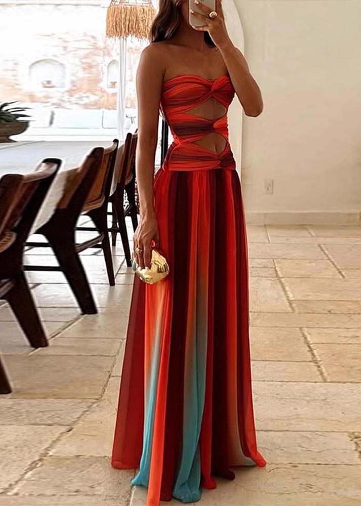 Hem Bohemian Large Exra Color Gradient Strapless Dress Chiffon