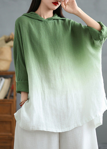 Green Bohemian Linen Hooded Gradient Loose Spring Sweatshirts