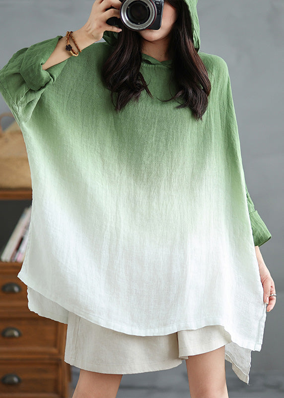 Green Bohemian Linen Hooded Gradient Loose Spring Sweatshirts