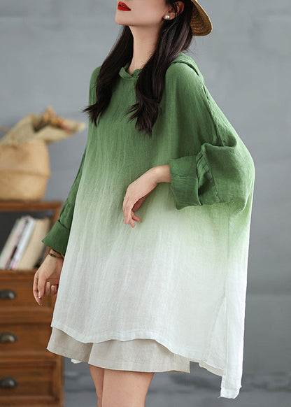 Green Bohemian Linen Hooded Gradient Loose Spring Sweatshirts
