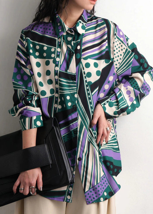 Bohemian Green Oversized Fall Top Print Shirt Chiffon