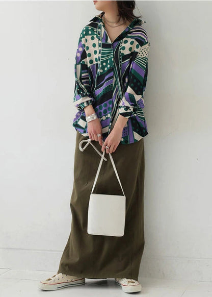 Bohemian Green Oversized Fall Top Print Shirt Chiffon