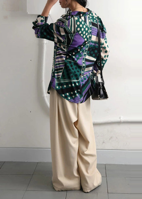 Bohemian Green Oversized Fall Top Print Shirt Chiffon