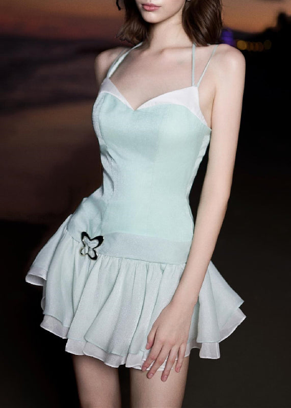 Bohemian Green V Neck Zippered Patchwork Cotton Spaghetti Strap Dress Sleeveless YZ033