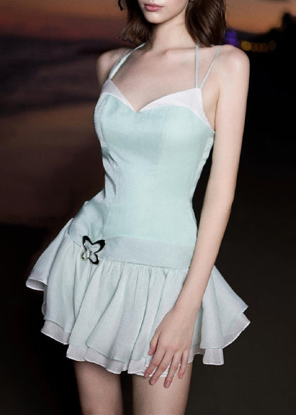 Bohemian Green V Neck Zippered Patchwork Cotton Spaghetti Strap Dress Sleeveless YZ033