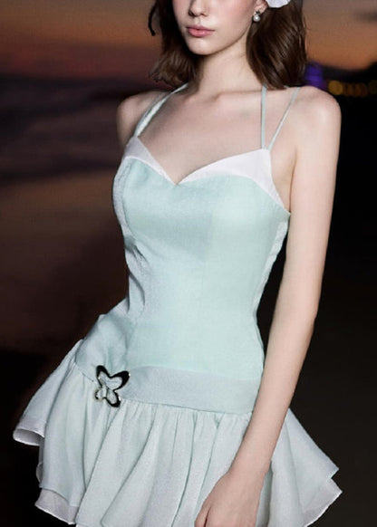 Bohemian Green V Neck Zippered Patchwork Cotton Spaghetti Strap Dress Sleeveless YZ033