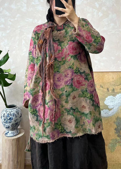 Bohemian Loose Green O Neck Print Linen Top Long Sleeve AP092