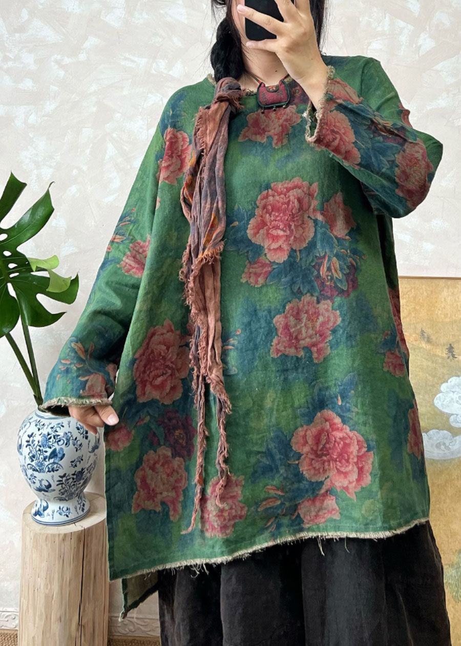 Bohemian Loose Green O Neck Print Linen Top Long Sleeve AP092