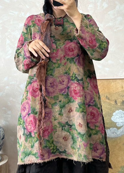 Bohemian Loose Green O Neck Print Linen Top Long Sleeve AP092