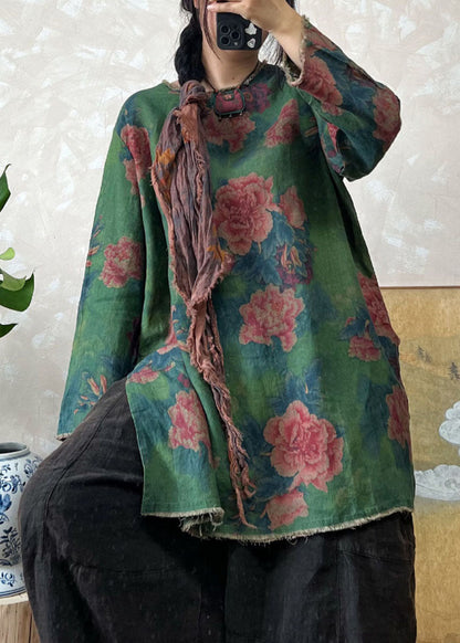 Bohemian Loose Green O Neck Print Linen Top Long Sleeve AP092