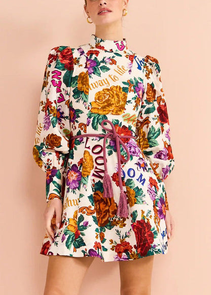 Bohemian Multi Print Tie Waist Cotton Mid Dress Long Sleeve FF071