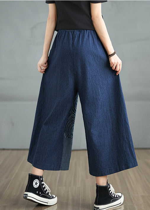 Bohemian Navy Pants Denim Print Summer Asymmetrical