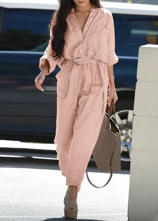 Jumpsuit Tunic Pockets Pink Pan Peter Bohemian Fall Collar