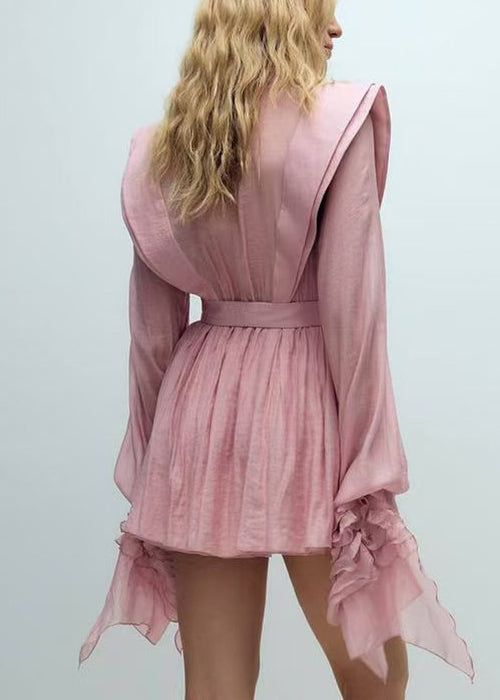 Cotton Lantern Pink Bohemian Mini Dress Sleeve Ruffled