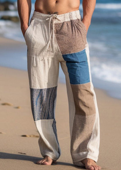 Summer Bohemian Asymmetrical Pants Mens Patchwork Plaid Cotton