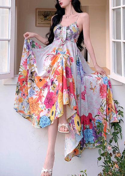 Bohemian Print High Waist Cotton Spaghetti Strap Dress Sleeveless XX086