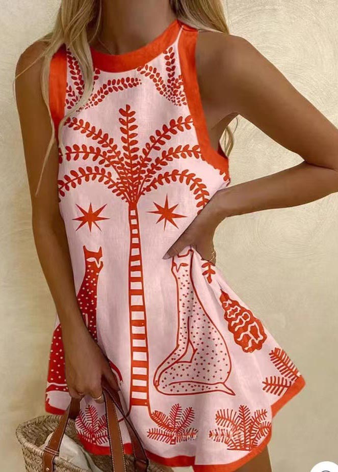 Linen Bohemian Sleeveless A Print Line Dress Mini