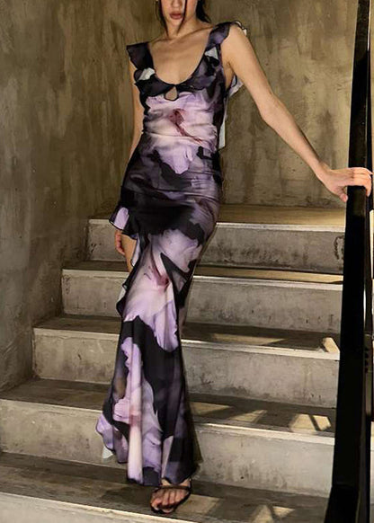 Purple Sleeveless Cotton Ruffled Asymmetrical Long Bohemian Dress