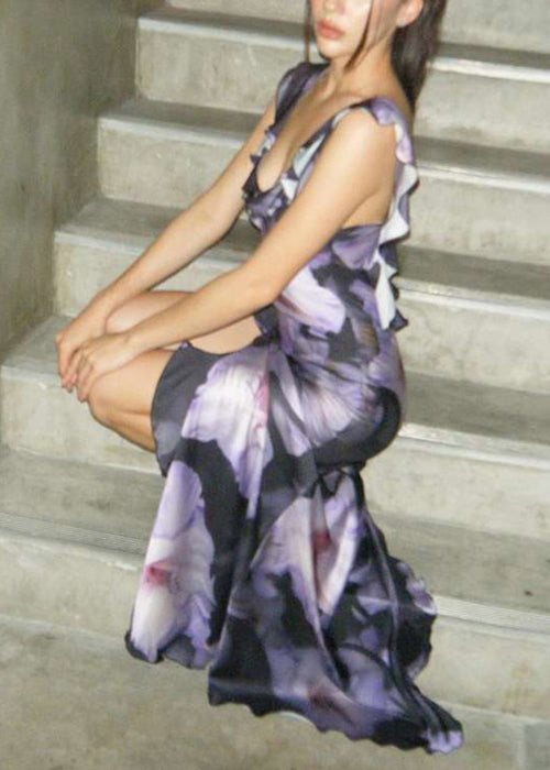 Purple Sleeveless Cotton Ruffled Asymmetrical Long Bohemian Dress