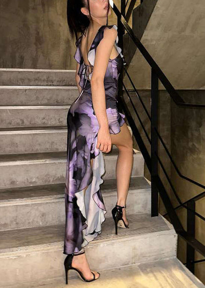 Purple Sleeveless Cotton Ruffled Asymmetrical Long Bohemian Dress